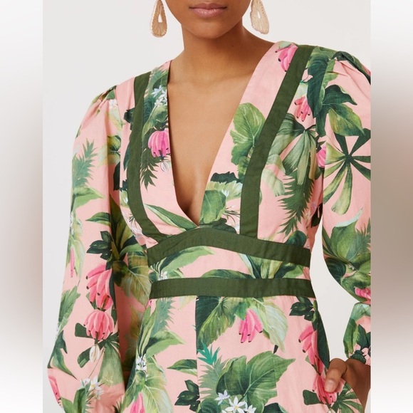 Farm Rio Anthropologie Deep-V Wide Leg Jumpsuit Tropical Floral Pink NWT Sz XS - Picture 3 of 16